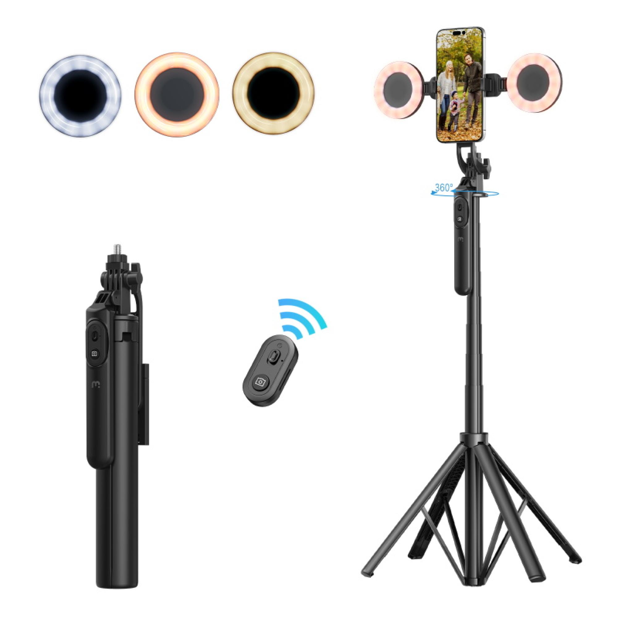 2-in-1 Tripod Selfie Tripod with Dual Ring Lights Extendable Wireless Remote Balance Handle Adjustable Phone Mount