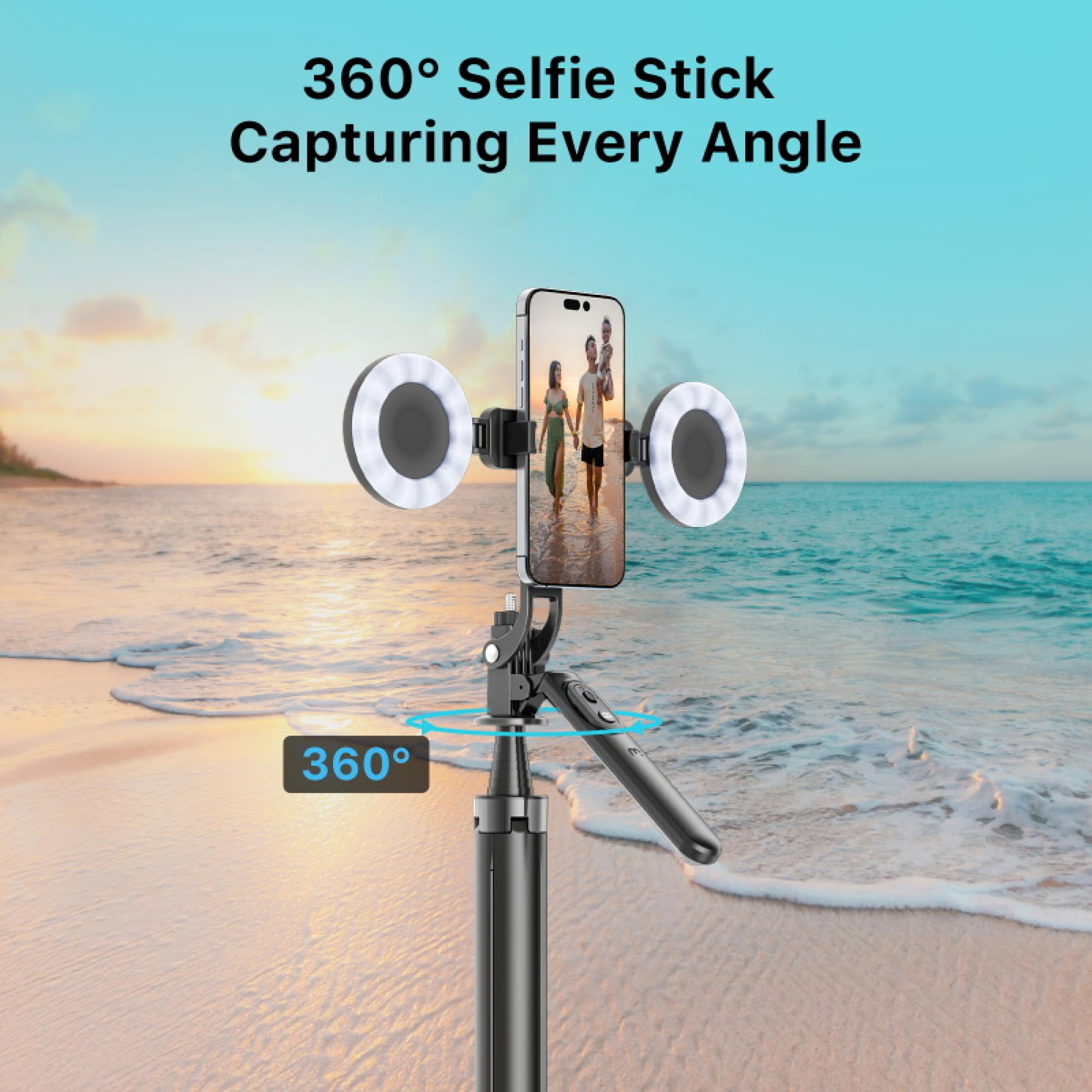 2-in-1 Tripod Selfie Tripod with Dual Ring Lights Extendable Wireless Remote Balance Handle Adjustable Phone Mount