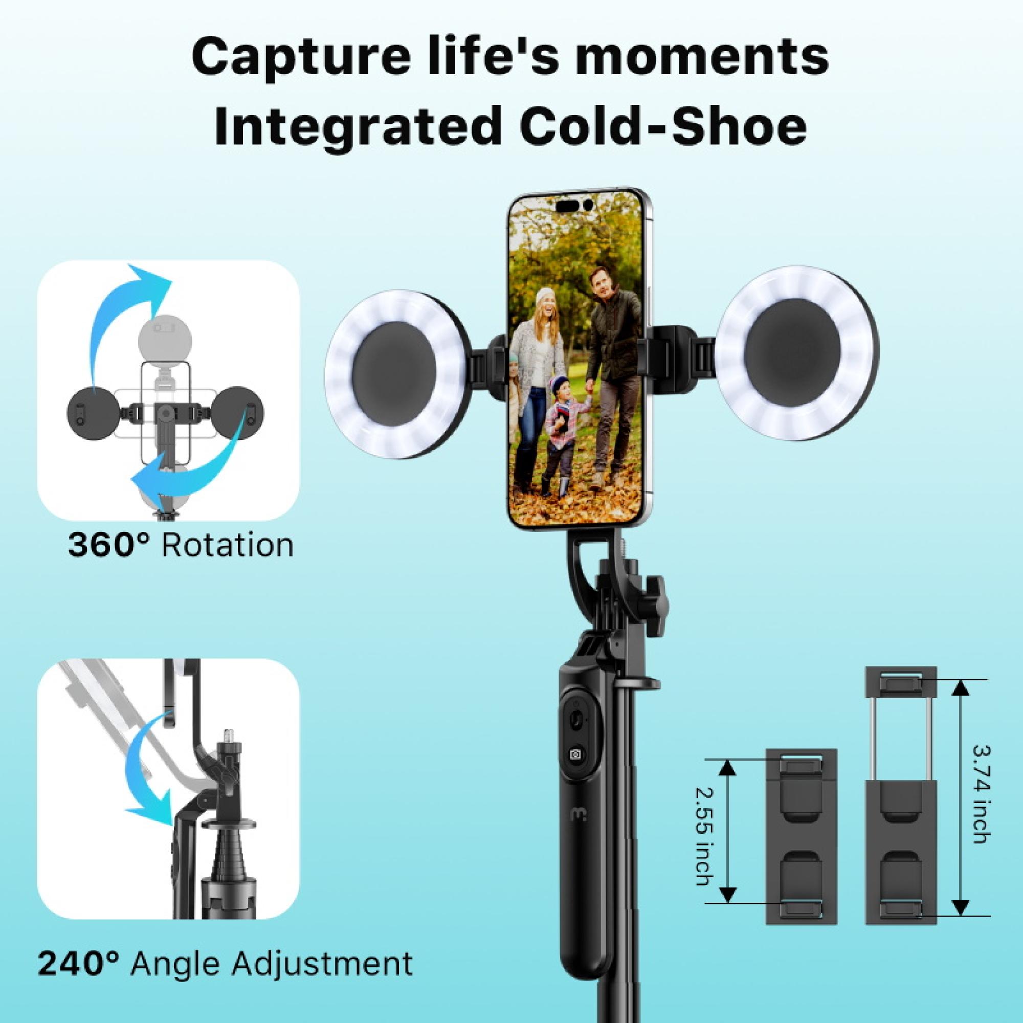 2-in-1 Tripod Selfie Tripod with Dual Ring Lights Extendable Wireless Remote Balance Handle Adjustable Phone Mount