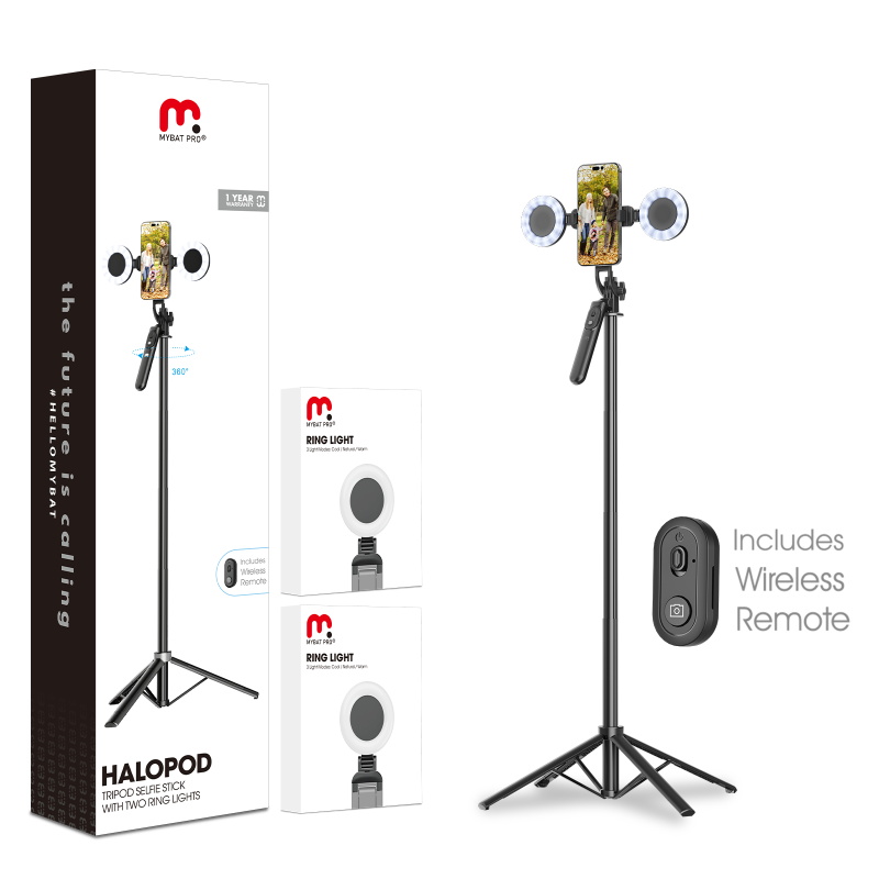 2-in-1 Tripod Selfie Tripod with Dual Ring Lights Extendable Wireless Remote Balance Handle Adjustable Phone Mount